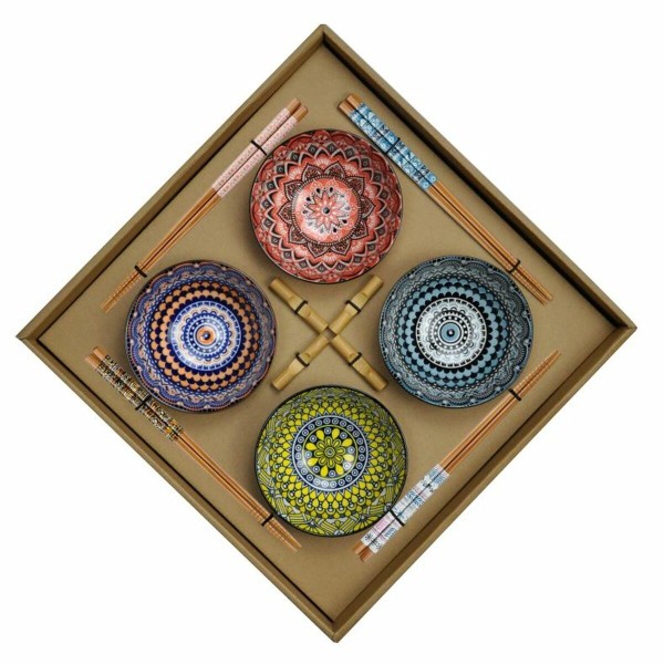 Suši rinkinys DKD Home Decor Spalvotas Bambukas Keramikos dirbinys Mandala Rytietiškas 34 x 34 x 6,5 cm (12 Dalys)