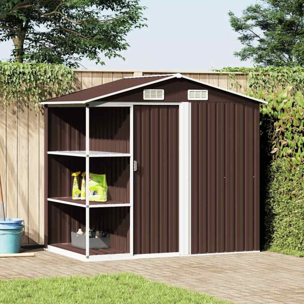 Garden shed with shelf, brown, 205x130x183cm, iron