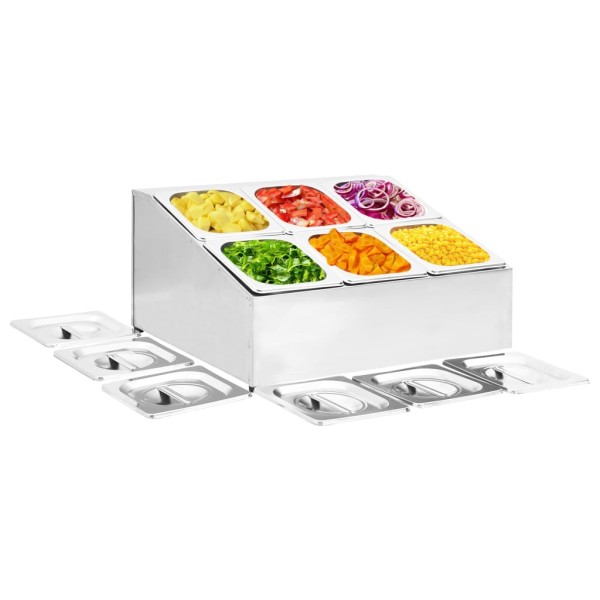 Food preparation dish holder with 6 GN 1 / 6 cups, steel
