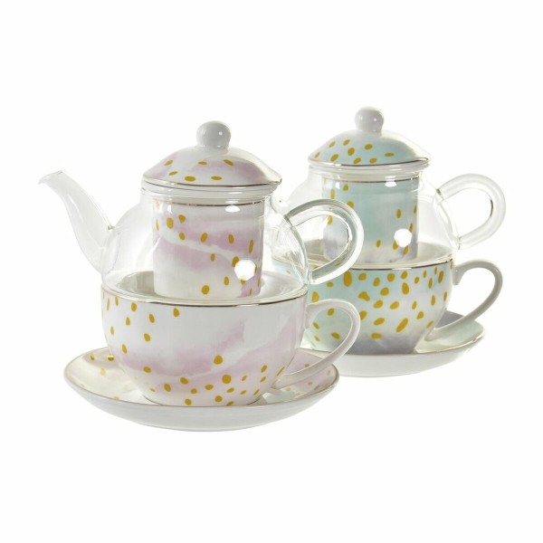 Tējkanna DKD Home Decor Stikls Porcelāns Rozā Caurspīdīgs Balts Zaļš (2 gb.)