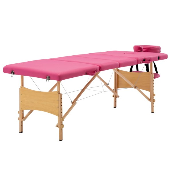 Folding massage table, pink, wood, 4 zones