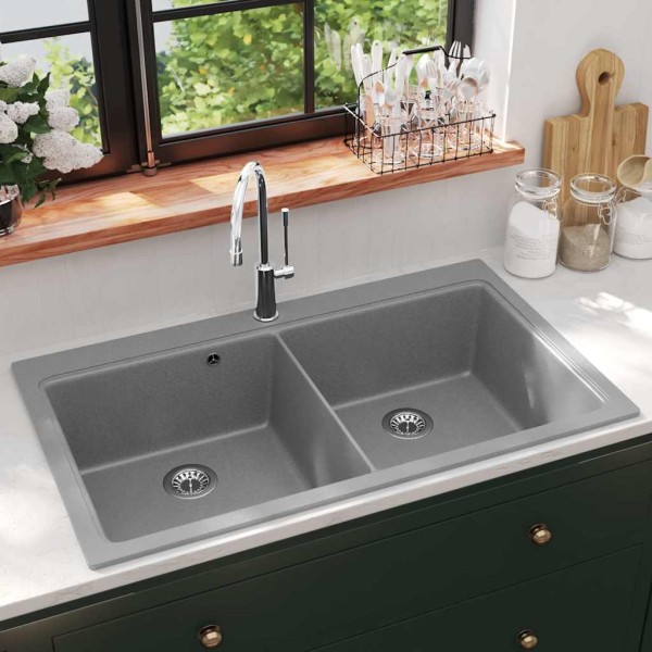 Recessed Double Kitchen Sink from Granite, Gray