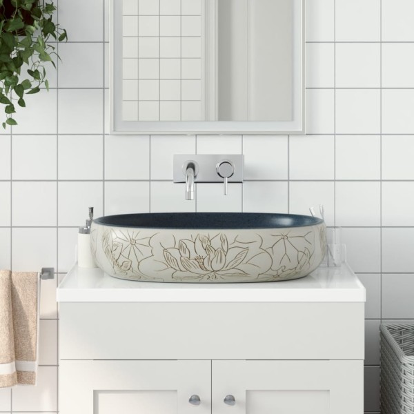 Washbasin, beige and blue, 59x40x14cm, ceramic, oval