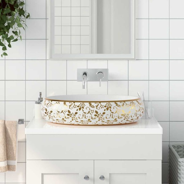 Washbasin, white/gold, 59x40x15cm, ceramic
