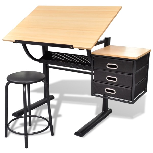 Drafting Table with Three Drawers, Tilting Table Top and Chair