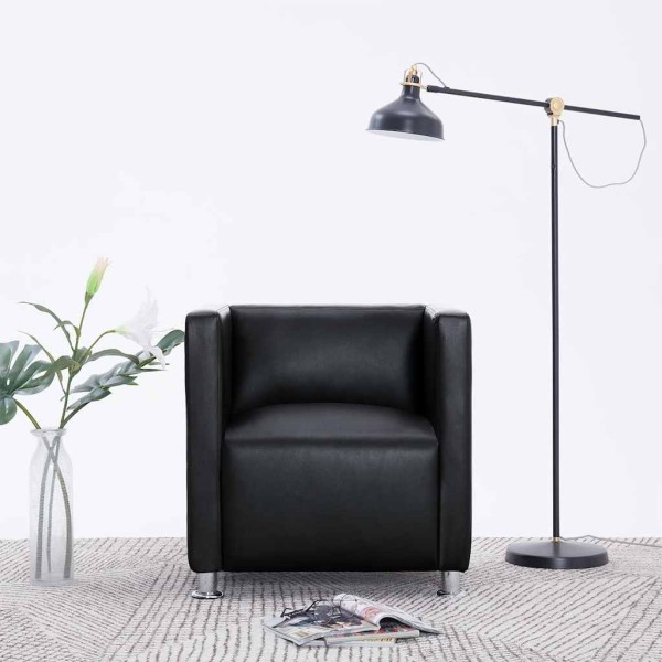 Armchair, black, artificial leather, cube-shaped