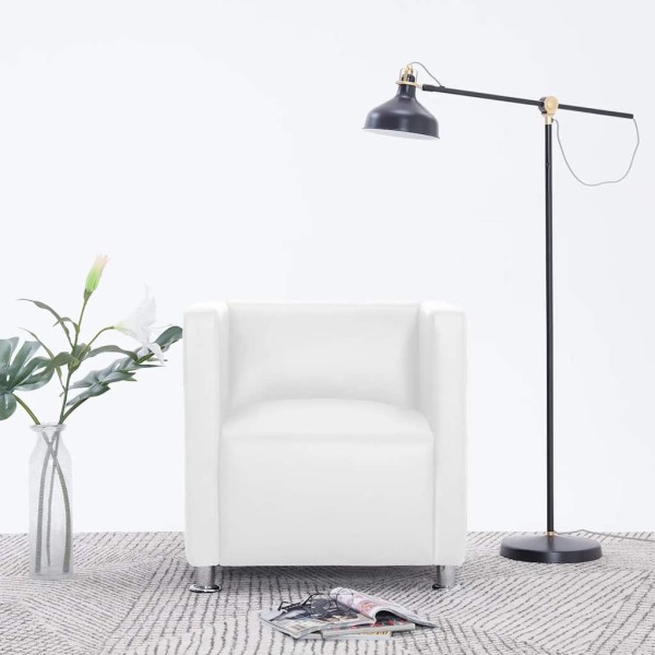 Armchair, white, artificial leather, cube-shaped