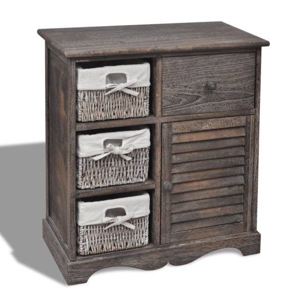 Wooden cabinet with 3 wicker baskets, brown