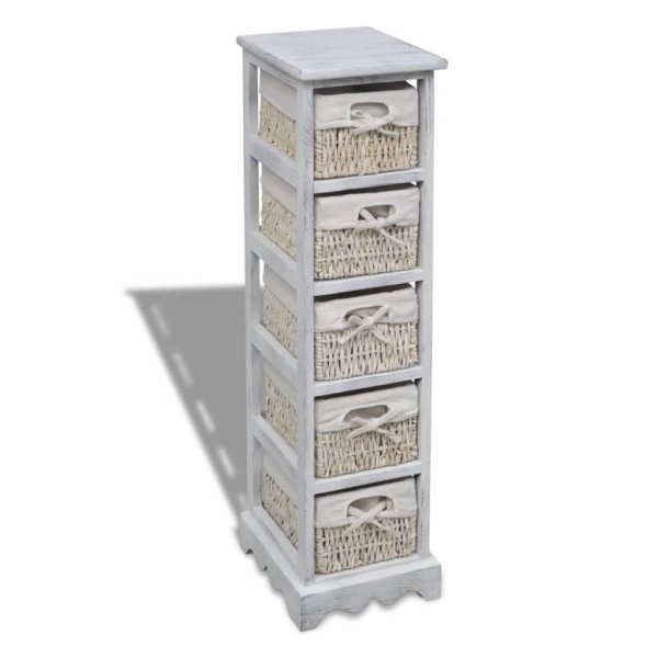 Wooden cabinet with 5 wicker baskets, white
