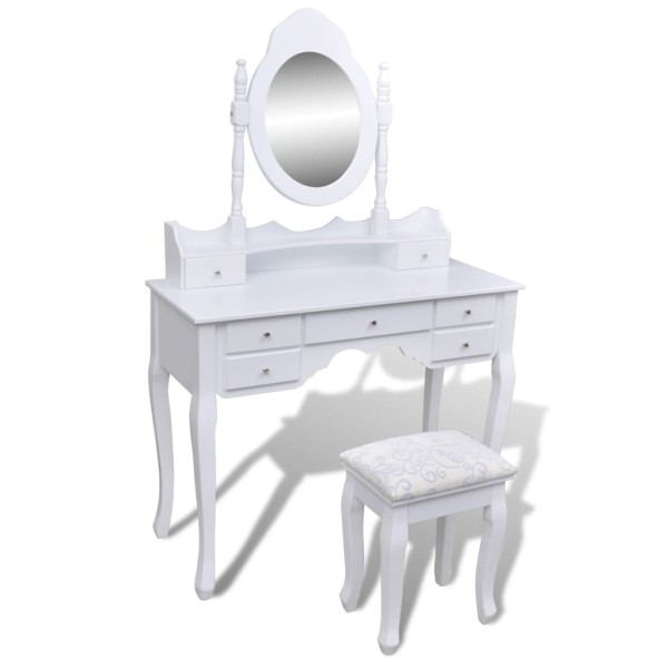 Dressing table with mirror and chair, 7 drawers, white