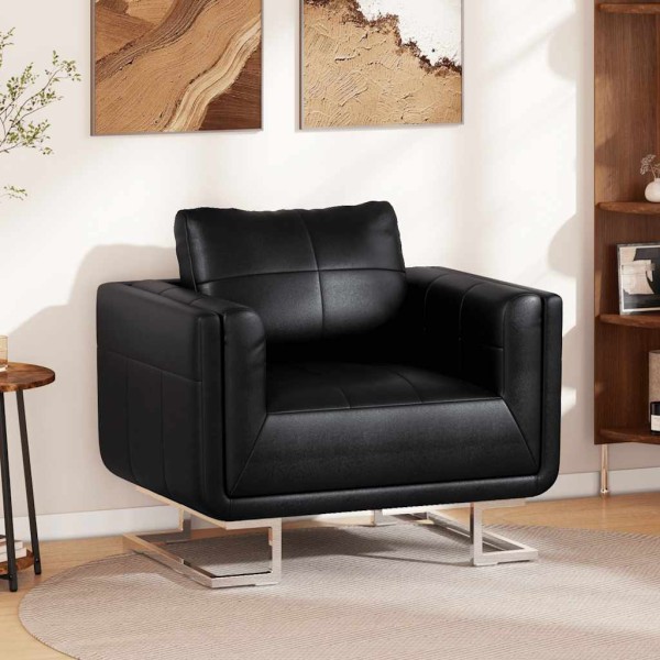 Armchair, black, chrome legs, cube shape, artificial leather