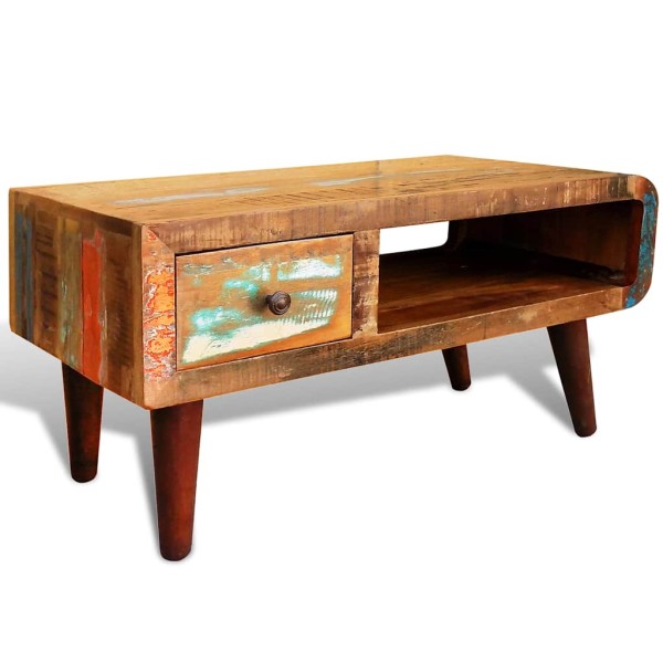 Coffee table with curved edge, 1 drawer, recycled wood