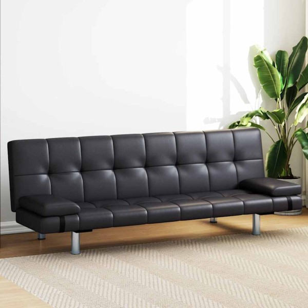 Sofa bed with two pillows, artificial leather, adjustable, black