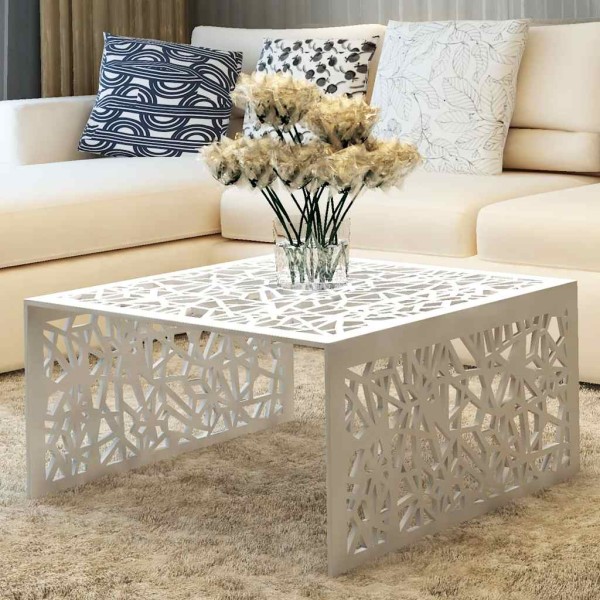 Coffee table, silver, geometric carving design, aluminum.