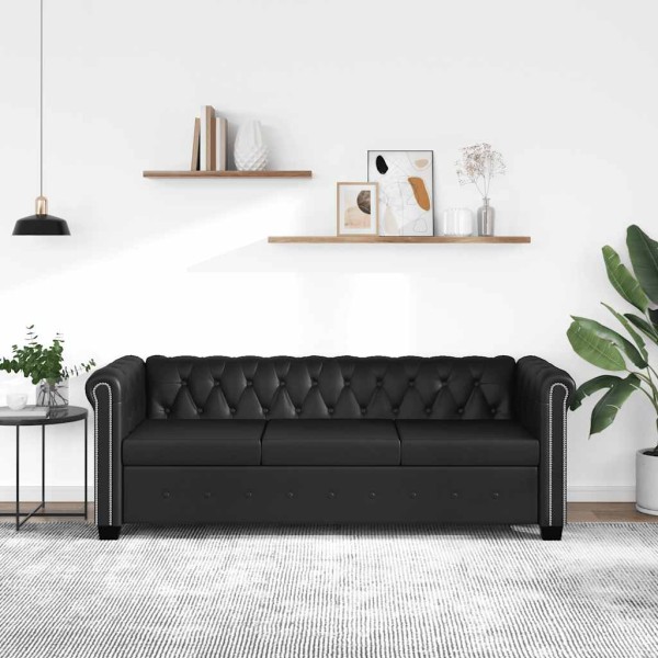 Chesterfield three-seater sofa, artificial leather, black