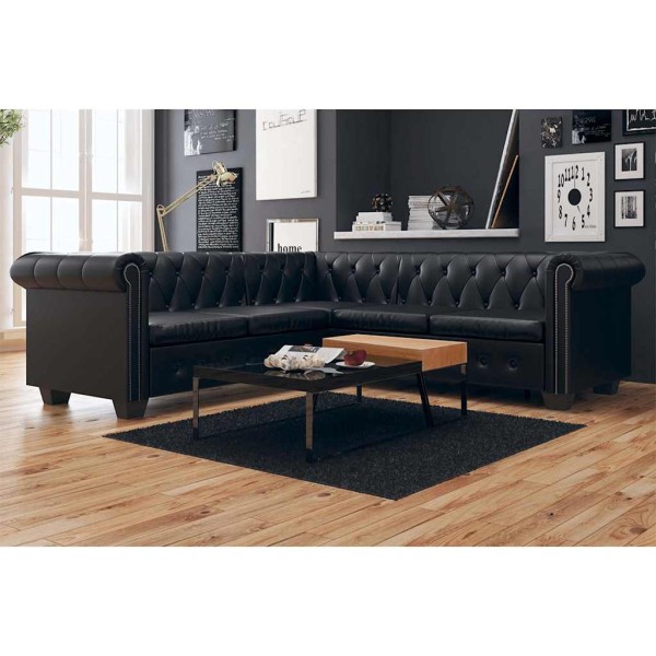 Chesterfield penkiavietė kampinė sofa, juoda, dirbtinė oda