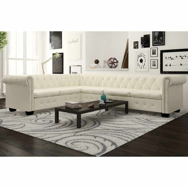 Chesterfield kampinė šešiavietė sofa, dirbtinė oda, balta