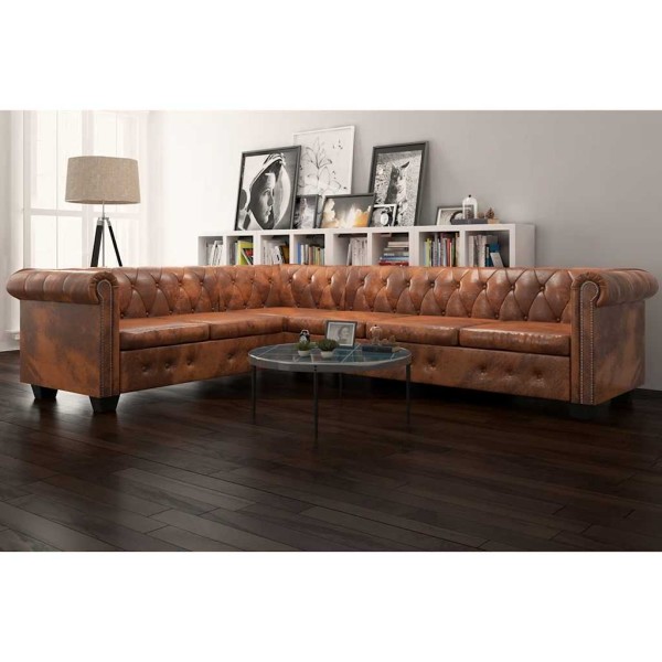 Chesterfield corner six-seater sofa, artificial leather, brown