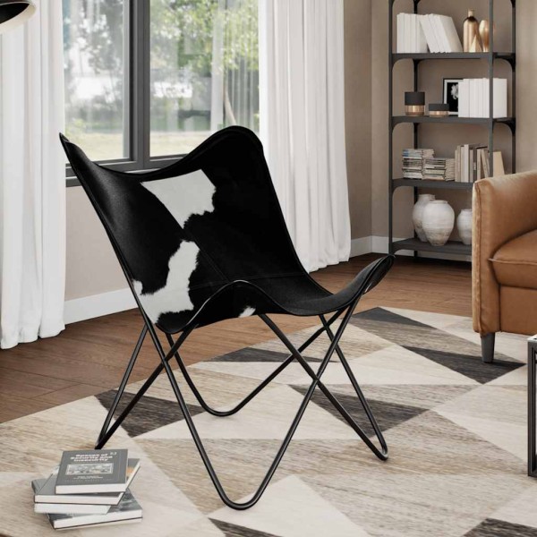Folding chair, black and white, real cowhide
