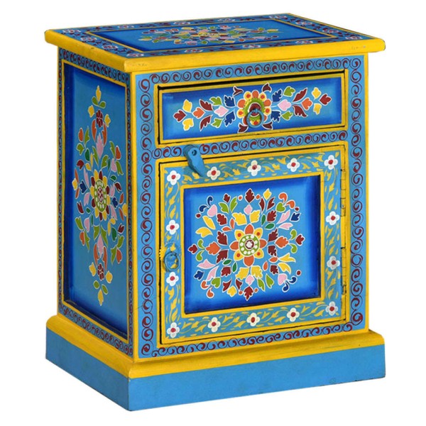 Bedside cabinet, solid mango wood, teal, manual. painted