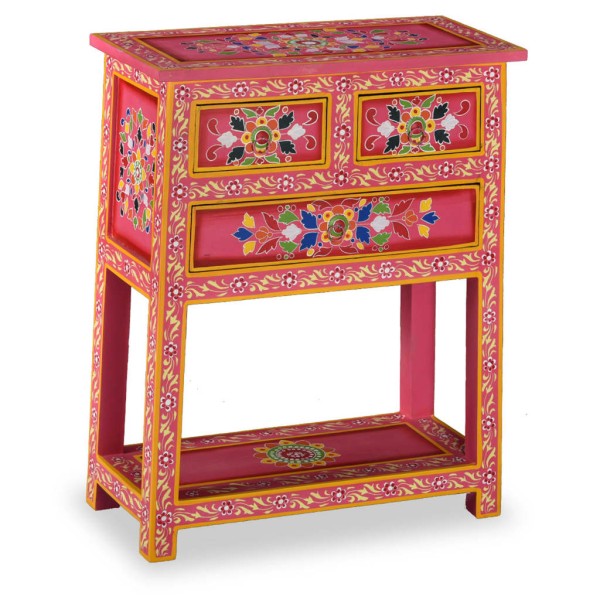 Chest of drawers, solid mango wood, pink, hand painted