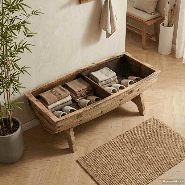 Bench-storage box, solid wood and fabric, 103x51x44 cm