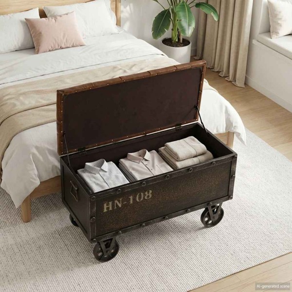 Bench-storage box, wood and artificial leather, 80.5x41x50 cm
