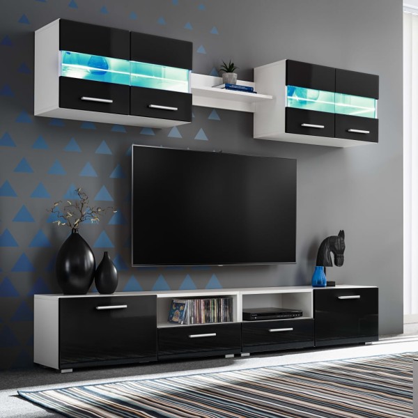 Wall-mounted TV section with LED lights, 5 d, glossy, black