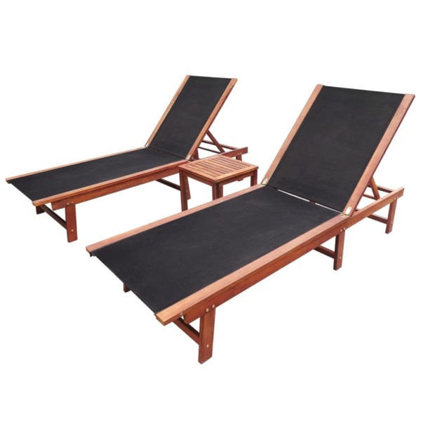 Sunbeds, 2 pcs., with a table, acacia wood and textilene