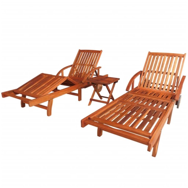 Sunbeds, 2 pcs., with table, acacia wood