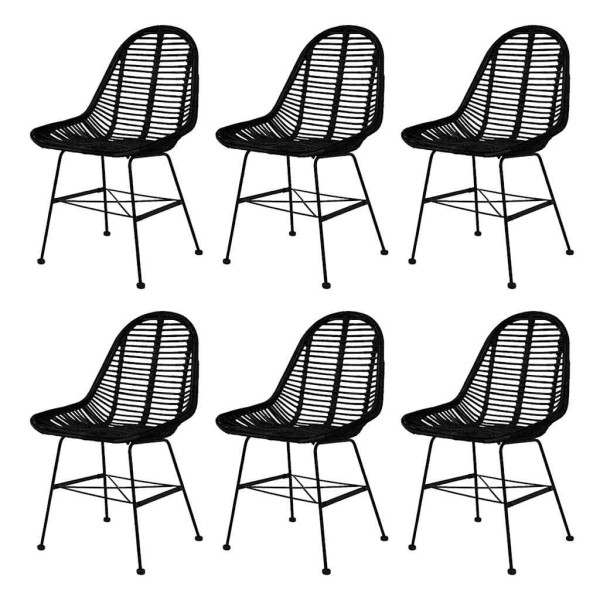 Dining room chairs, 6 pcs., black, natural rattan