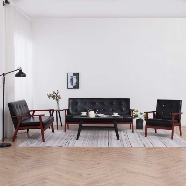 Sofa set, 3 parts, black color, artificial leather