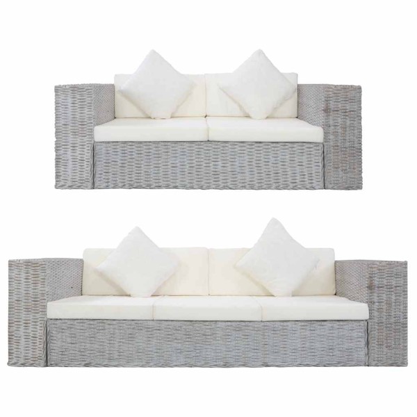 Sofa set with cushions, 2 d, gray sp., nat. rattan