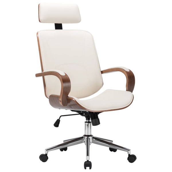Swivel office chair with headrest, cream, artificial leather, wood