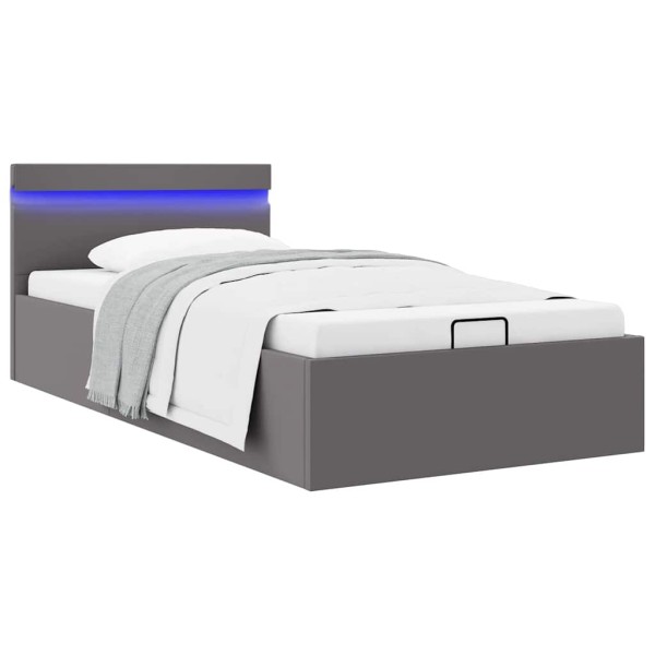 Bed frame with LED/storage box, gray, 90x200cm, artificial leather