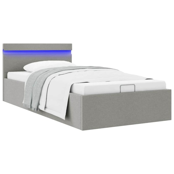 Bed frame with LED and storage box, gray, 90x200cm, fabric