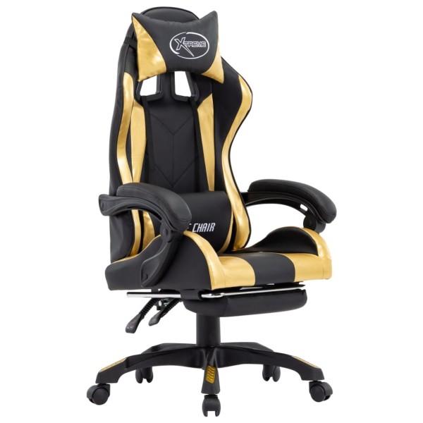 Gaming chair with footrest, gold and black, artificial leather