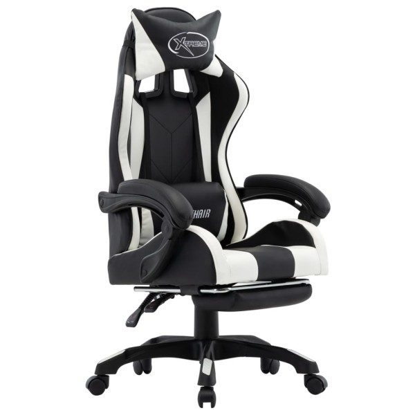 Gaming chair with footrest, white and black, artificial leather