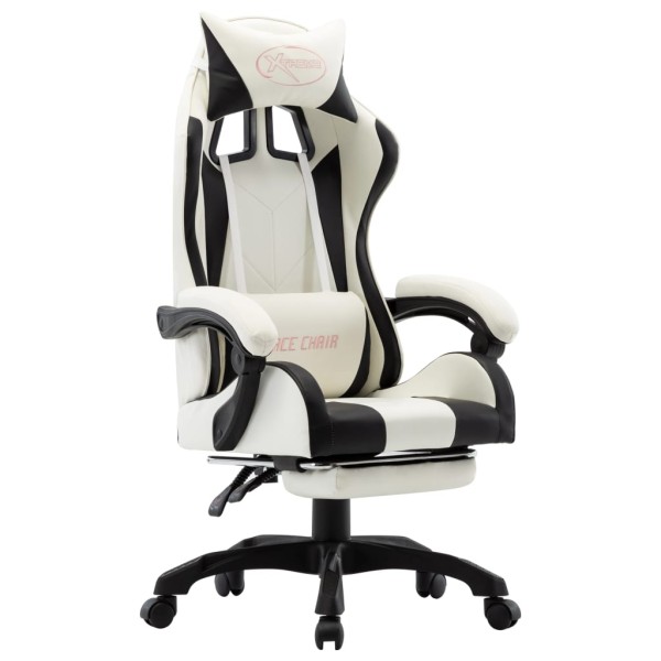 Gaming chair with footrest, black and white, artificial leather