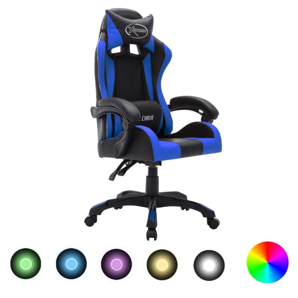 Gaming chair with LED lights, blue and black, artificial leather