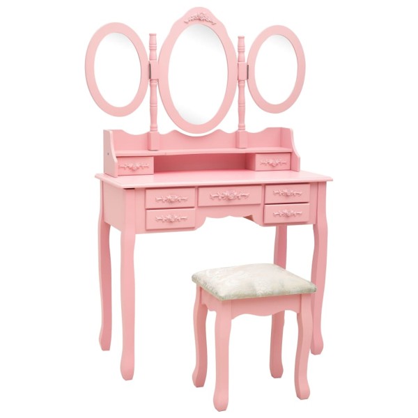 Dressing table with chair and 3 mirrors, pink