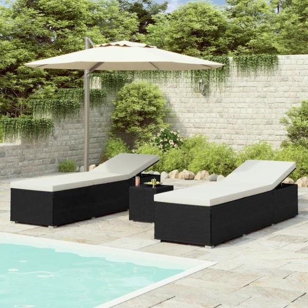 Sunbeds with tea table, 3 parts, black, polyrattan