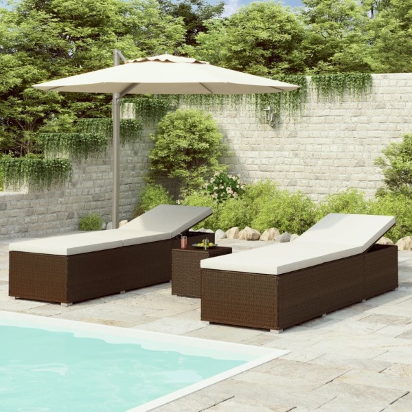Sunbeds with tea table, 3 parts, brown, polyrattan