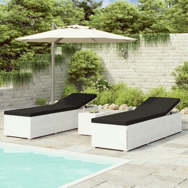 Sunbeds with tea table, 3 parts, white, polyrattan