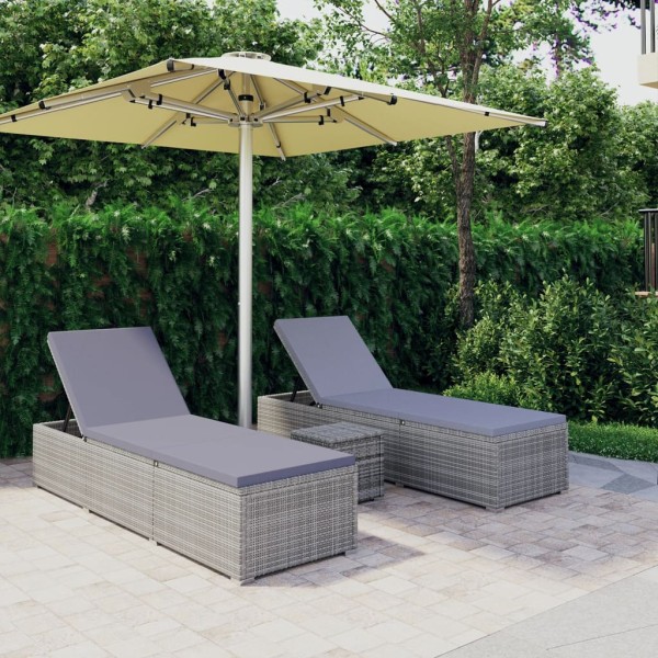 Sunbeds with tea table, 3 parts, gray, polyrattan