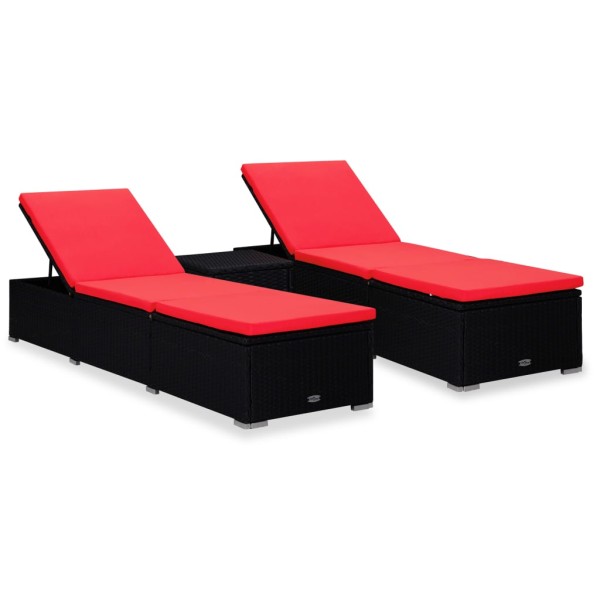 Sunbeds with tea table, 3 parts, black, polyrattan
