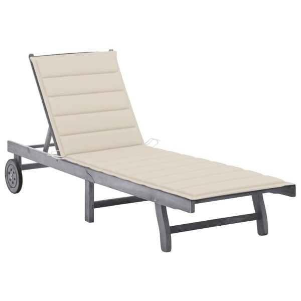 Garden sun lounger with mattress, gray, solid acacia