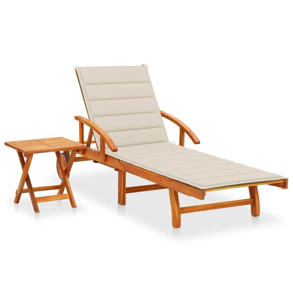 Garden sunbed with table and mattress, solid acacia