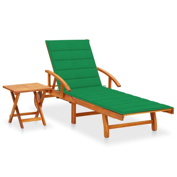 Garden sunbed with table and mattress, solid acacia