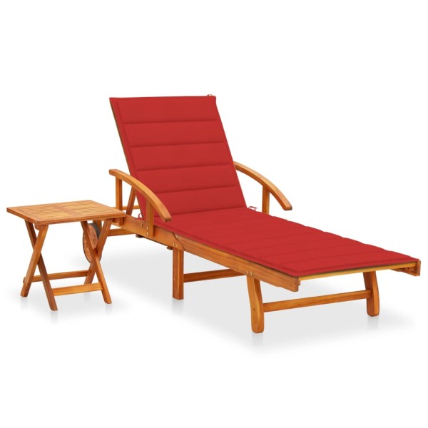 Garden sunbed with table and mattress, solid acacia